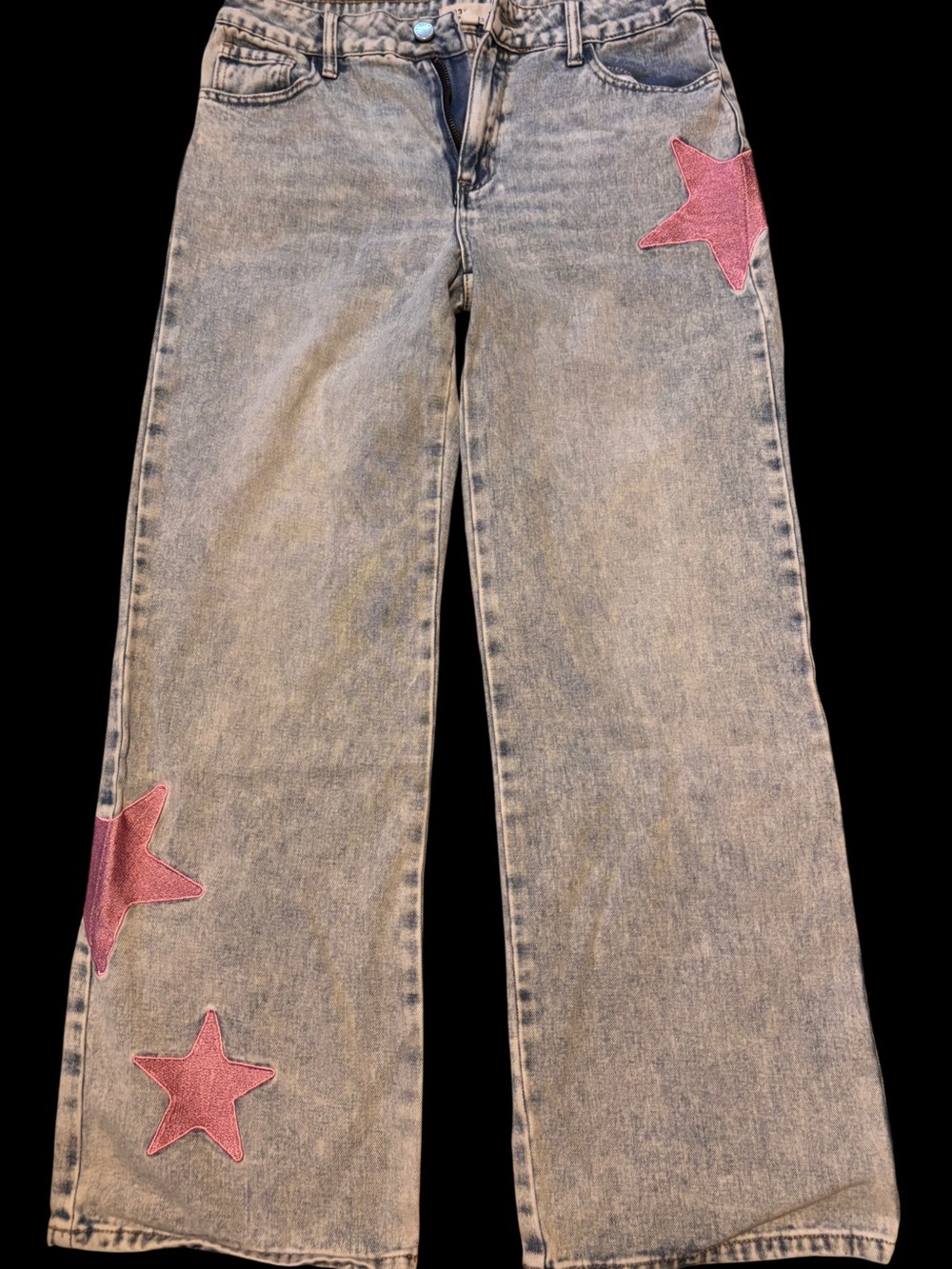 Women’s Gray Wide-Leg Jeans with Pink Star Patches
